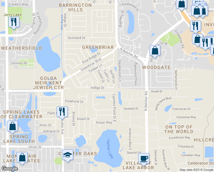 map of restaurants, bars, coffee shops, grocery stores, and more near 2300 Tudor Lane in Clearwater