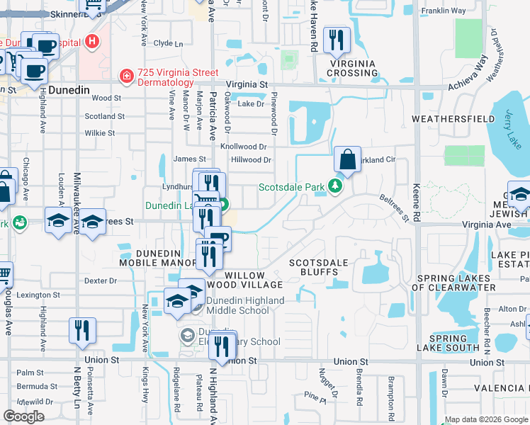 map of restaurants, bars, coffee shops, grocery stores, and more near 953 Cedarwood Avenue in Dunedin