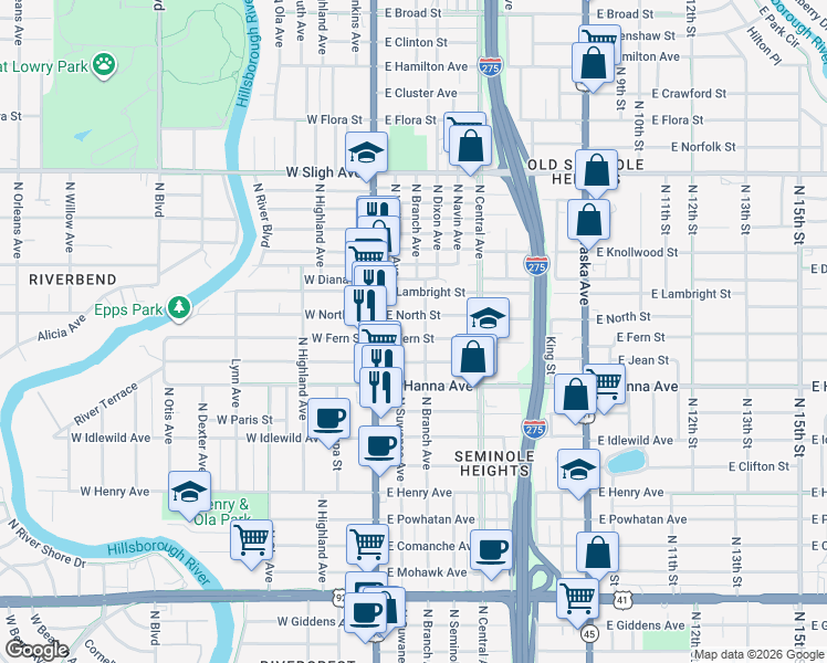 map of restaurants, bars, coffee shops, grocery stores, and more near 204 East Fern Street in Tampa
