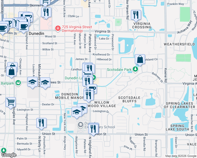 map of restaurants, bars, coffee shops, grocery stores, and more near 925 Cedarwood Avenue in Dunedin