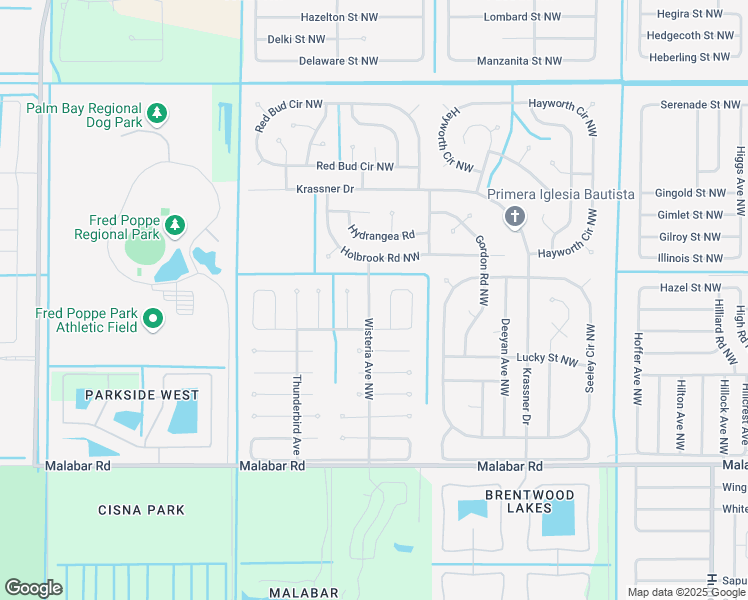 map of restaurants, bars, coffee shops, grocery stores, and more near 341 Wisteria Avenue Northwest in Palm Bay