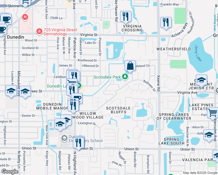 map of restaurants, bars, coffee shops, grocery stores, and more near 1125 Montrose Place in Dunedin