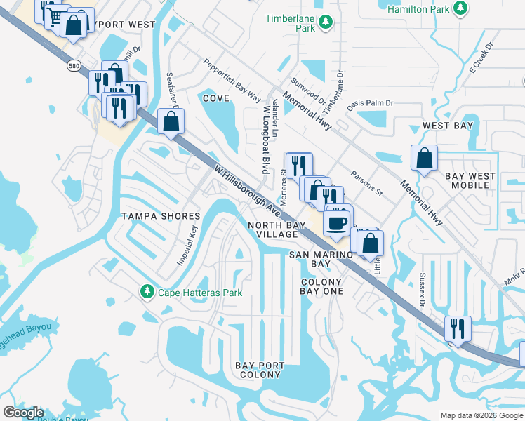 map of restaurants, bars, coffee shops, grocery stores, and more near 6340 Newtown Circle in Tampa