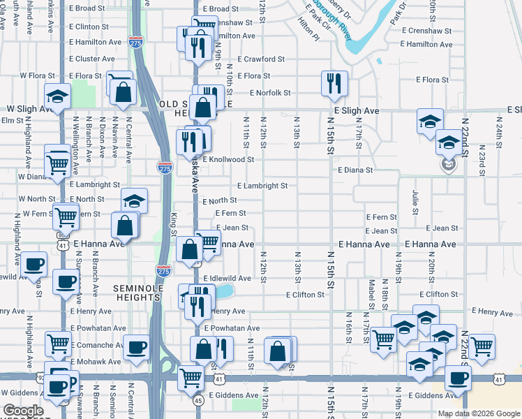 map of restaurants, bars, coffee shops, grocery stores, and more near 1027 East Fern Street in Tampa