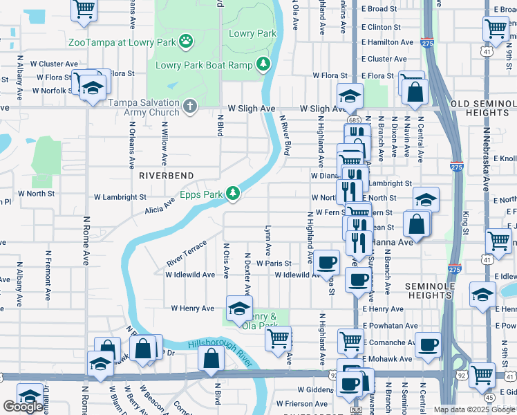 map of restaurants, bars, coffee shops, grocery stores, and more near 307 West Fern Street in Tampa