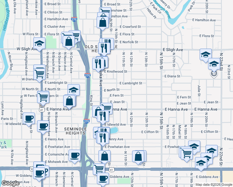 map of restaurants, bars, coffee shops, grocery stores, and more near 1011 East Fern Street in Tampa