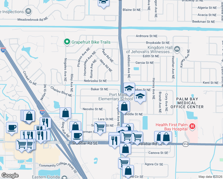 map of restaurants, bars, coffee shops, grocery stores, and more near 1664 Baker Street Northeast in Palm Bay