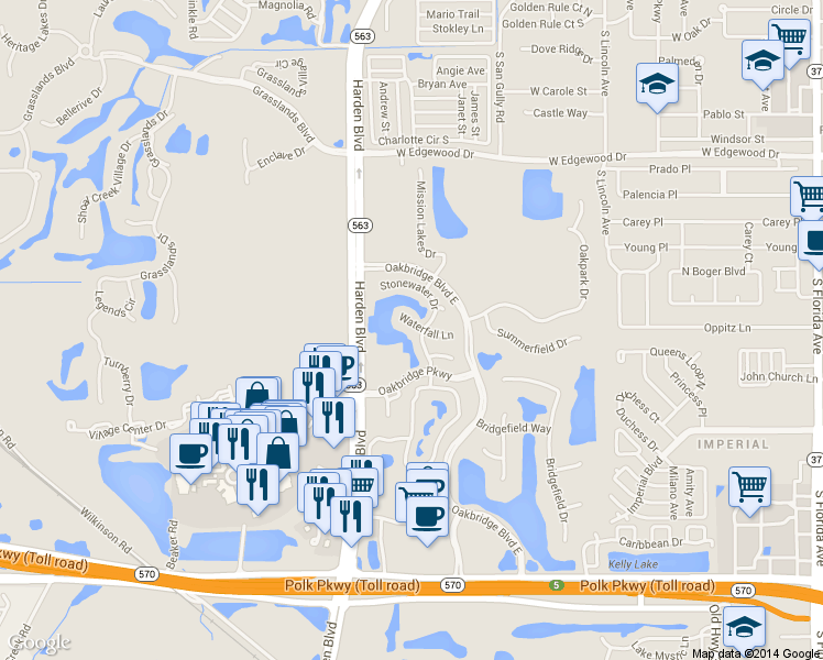 map of restaurants, bars, coffee shops, grocery stores, and more near 1142 Waterfall Lane in Lakeland