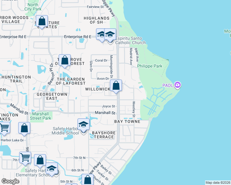 map of restaurants, bars, coffee shops, grocery stores, and more near 8190 Phillippe Landing in Safety Harbor