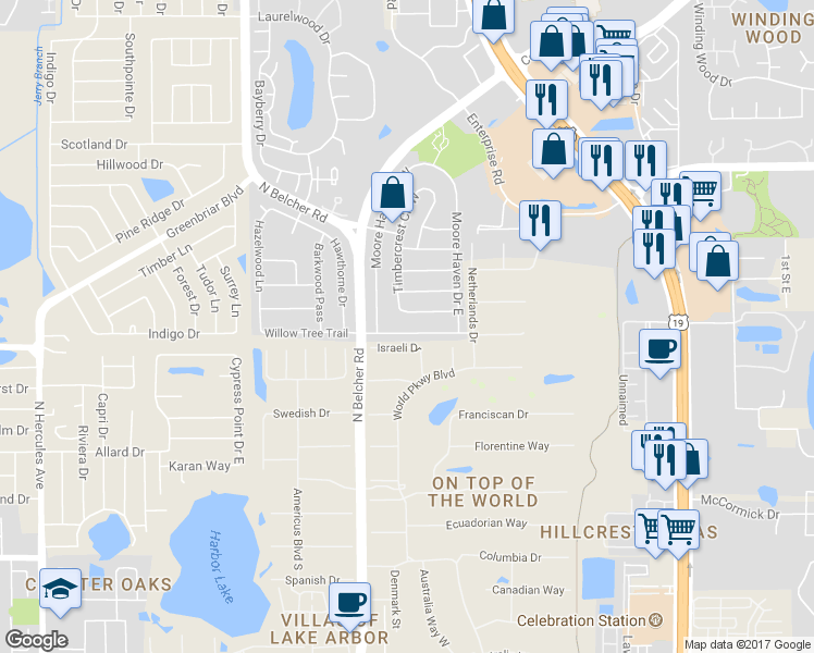 map of restaurants, bars, coffee shops, grocery stores, and more near 2342 Willow Tree Trail in Clearwater