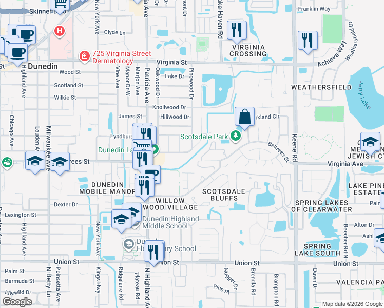 map of restaurants, bars, coffee shops, grocery stores, and more near 1098 Montrose Place in Dunedin