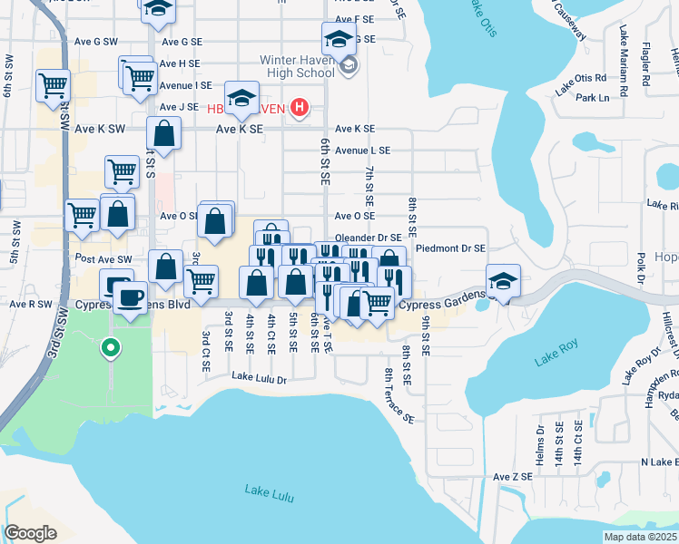 map of restaurants, bars, coffee shops, grocery stores, and more near 1630 6th Street Southeast in Winter Haven