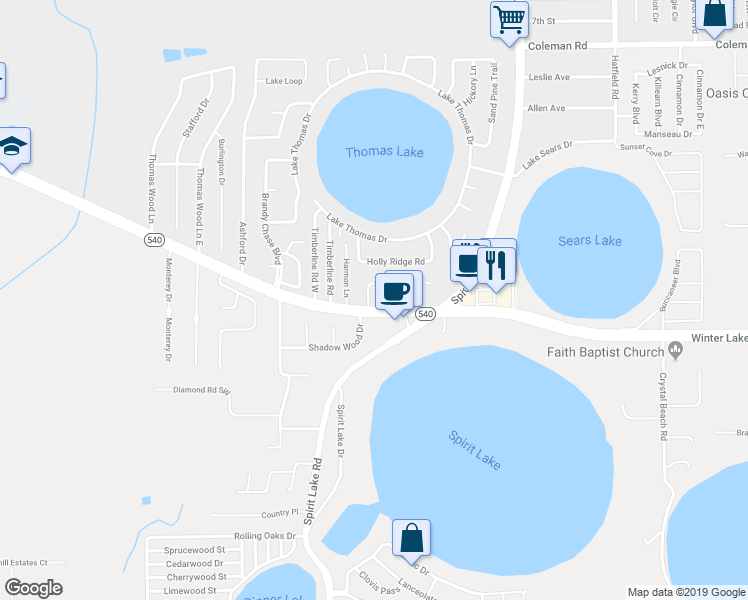 map of restaurants, bars, coffee shops, grocery stores, and more near 3009 Saint Paul Drive in Winter Haven