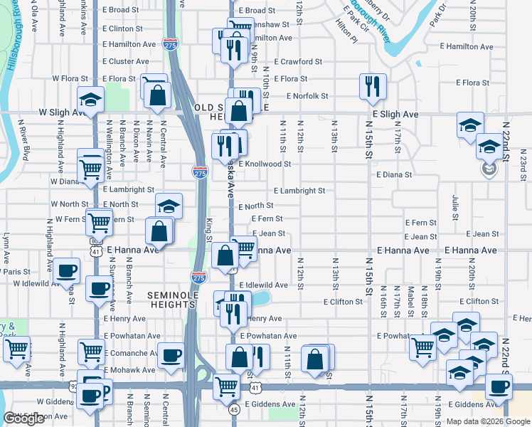 map of restaurants, bars, coffee shops, grocery stores, and more near 1011 East Fern Street in Tampa