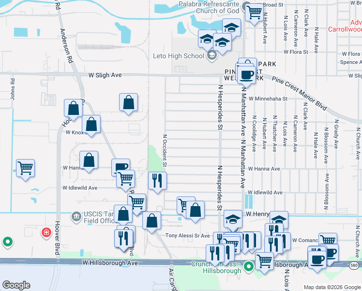 map of restaurants, bars, coffee shops, grocery stores, and more near 4530 West Fern Street in Tampa