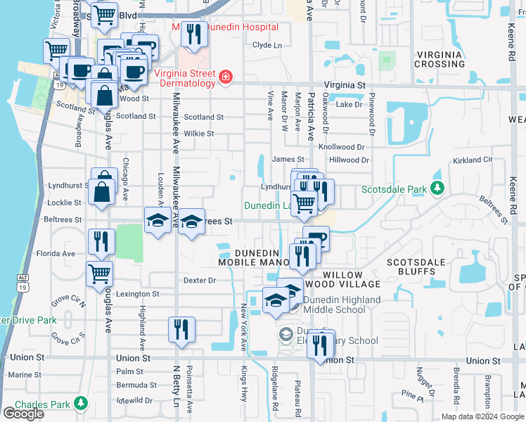 map of restaurants, bars, coffee shops, grocery stores, and more near 810 Beltrees Street in Dunedin