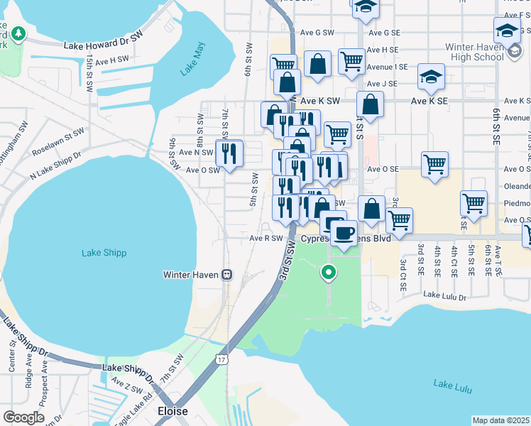 map of restaurants, bars, coffee shops, grocery stores, and more near 300 Avenue P Southwest in Winter Haven