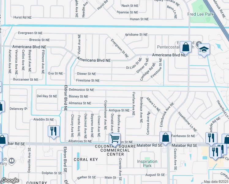 map of restaurants, bars, coffee shops, grocery stores, and more near 596 Delmonico Street Northeast in Palm Bay