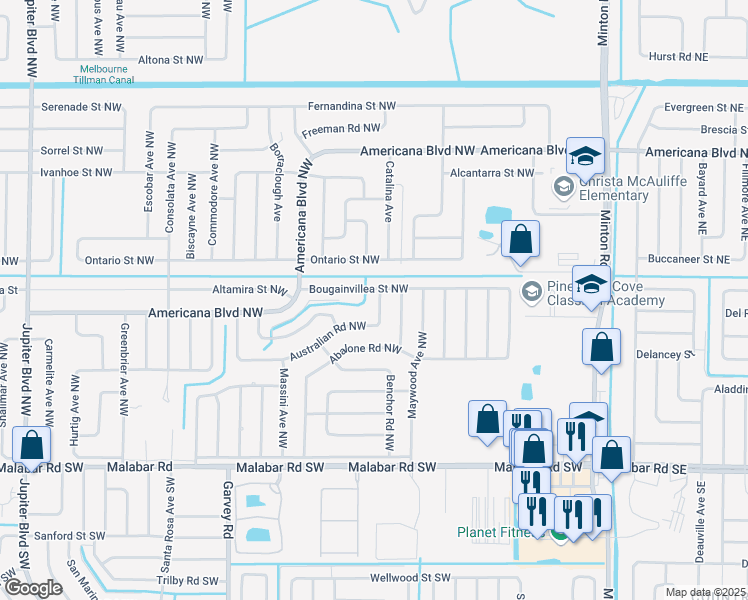 map of restaurants, bars, coffee shops, grocery stores, and more near 409 Australian Road Northwest in Palm Bay