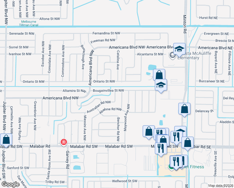 map of restaurants, bars, coffee shops, grocery stores, and more near 409 Australian Road Northwest in Palm Bay