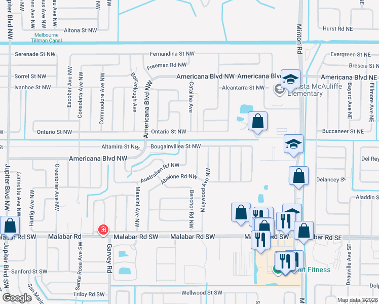 map of restaurants, bars, coffee shops, grocery stores, and more near 409 Australian Road Northwest in Palm Bay