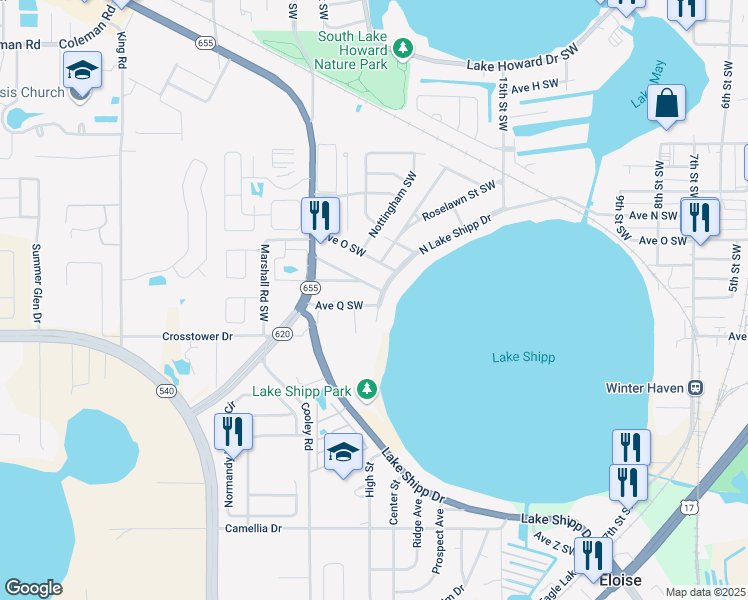 map of restaurants, bars, coffee shops, grocery stores, and more near 1715 North Lake Shipp Drive in Winter Haven