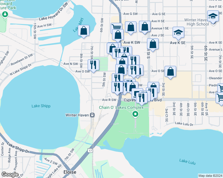 map of restaurants, bars, coffee shops, grocery stores, and more near 300 Avenue P Southwest in Winter Haven