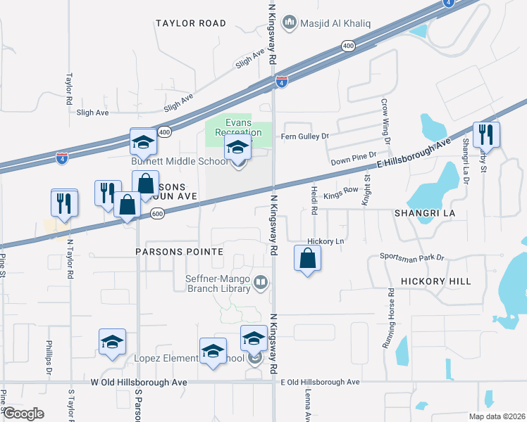 map of restaurants, bars, coffee shops, grocery stores, and more near 904 North Kingsway Road in Seffner