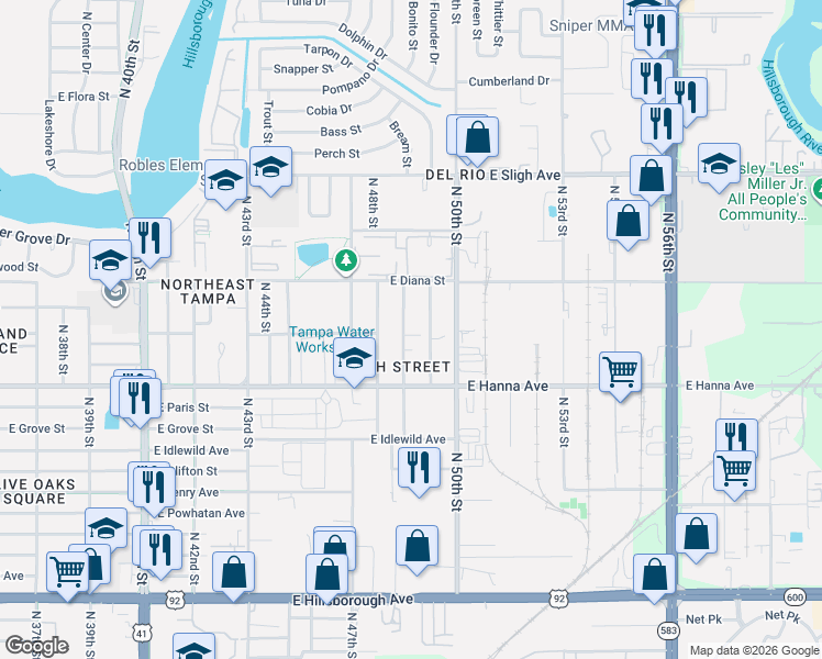 map of restaurants, bars, coffee shops, grocery stores, and more near 6222 North 49th Street in Tampa