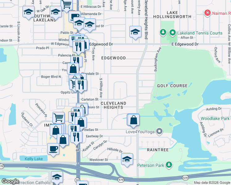 map of restaurants, bars, coffee shops, grocery stores, and more near 3229 Carleton Circle West in Lakeland