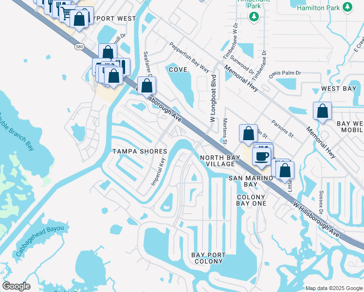 map of restaurants, bars, coffee shops, grocery stores, and more near 5718 Baywater Drive in Tampa