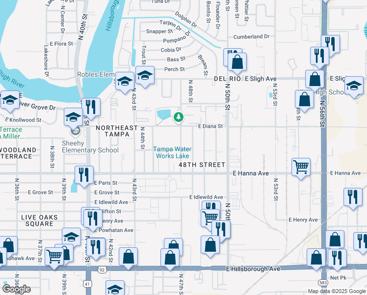 map of restaurants, bars, coffee shops, grocery stores, and more near 6219 North 47th Street in Tampa