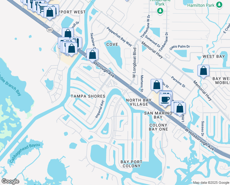 map of restaurants, bars, coffee shops, grocery stores, and more near 5716 Baywater Drive in Tampa