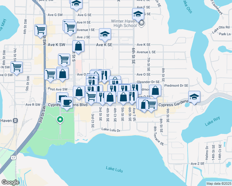map of restaurants, bars, coffee shops, grocery stores, and more near 397 Cypress Gardens Boulevard in Winter Haven