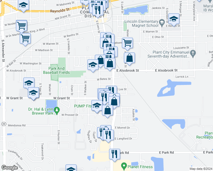 map of restaurants, bars, coffee shops, grocery stores, and more near 111 West Strickland Street in Plant City