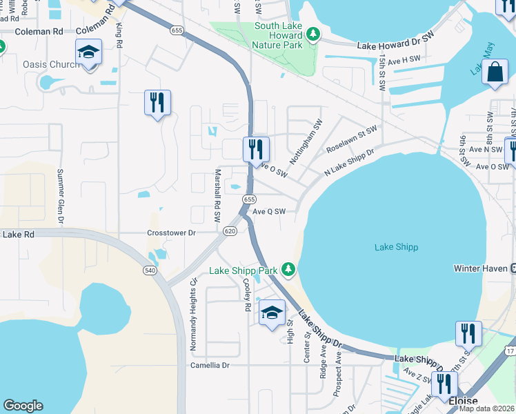 map of restaurants, bars, coffee shops, grocery stores, and more near 1702 Recker Highway in Winter Haven