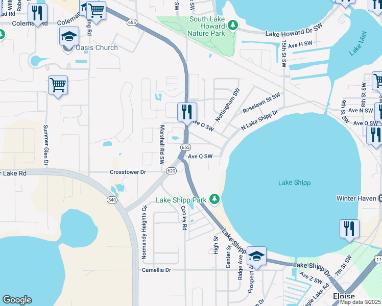 map of restaurants, bars, coffee shops, grocery stores, and more near 1702 Recker Highway in Winter Haven