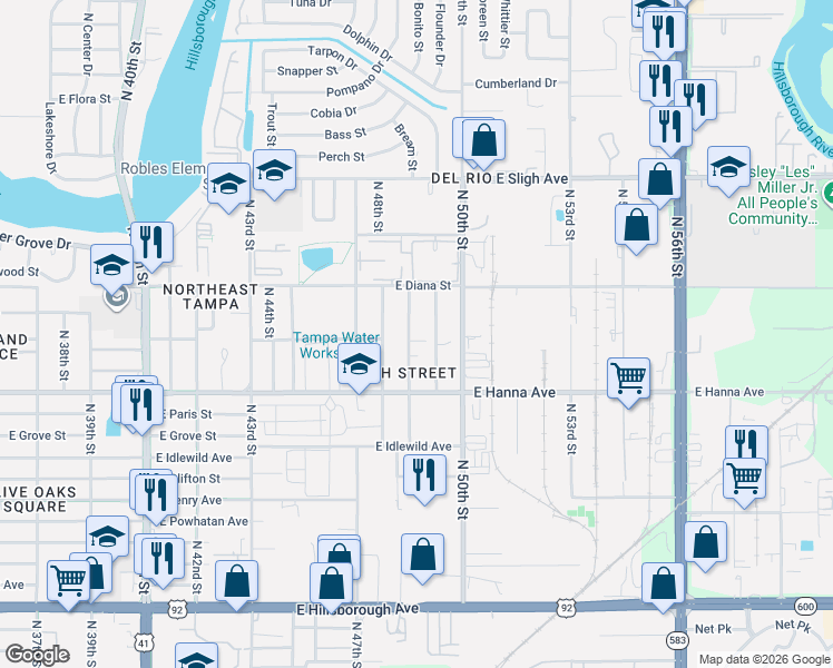 map of restaurants, bars, coffee shops, grocery stores, and more near 6222 North 49th Street in Tampa