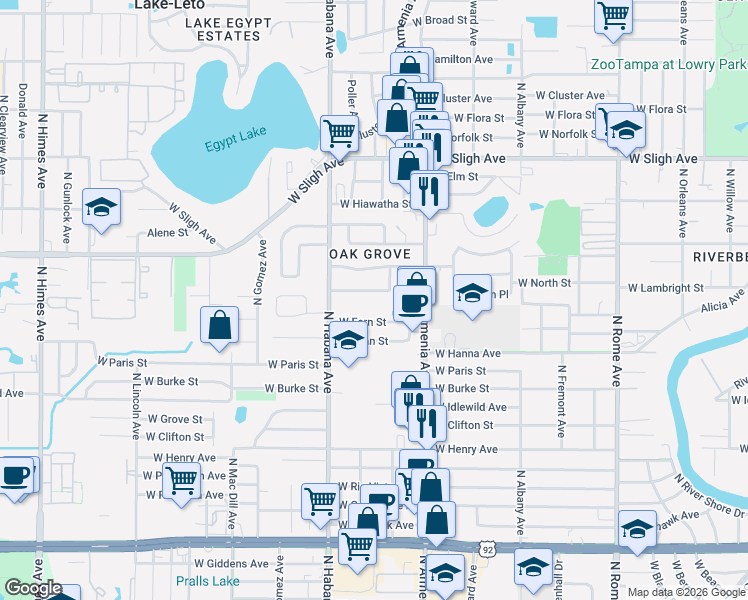 map of restaurants, bars, coffee shops, grocery stores, and more near 2521 West Fern Street in Tampa