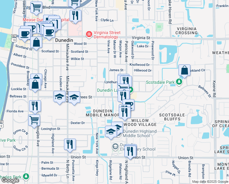 map of restaurants, bars, coffee shops, grocery stores, and more near 404 3rd Avenue in Dunedin