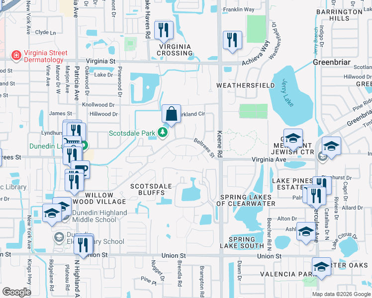map of restaurants, bars, coffee shops, grocery stores, and more near 1385 Carlisle Court in Dunedin