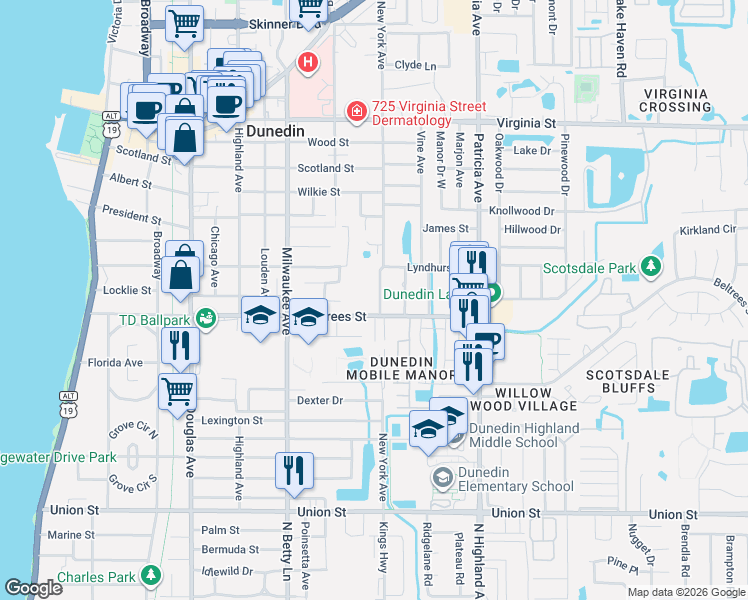 map of restaurants, bars, coffee shops, grocery stores, and more near in Dunedin