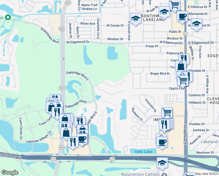 map of restaurants, bars, coffee shops, grocery stores, and more near 855 Summerfield Drive in Lakeland