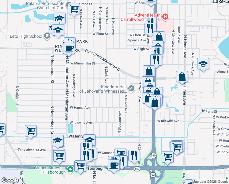 map of restaurants, bars, coffee shops, grocery stores, and more near 6401 North Hale Avenue in Tampa