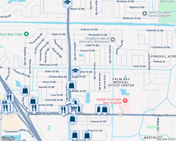 map of restaurants, bars, coffee shops, grocery stores, and more near 1796 Barker Street Northeast in Palm Bay