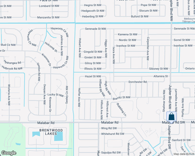map of restaurants, bars, coffee shops, grocery stores, and more near 1317 Sequoia Road Northwest in Palm Bay