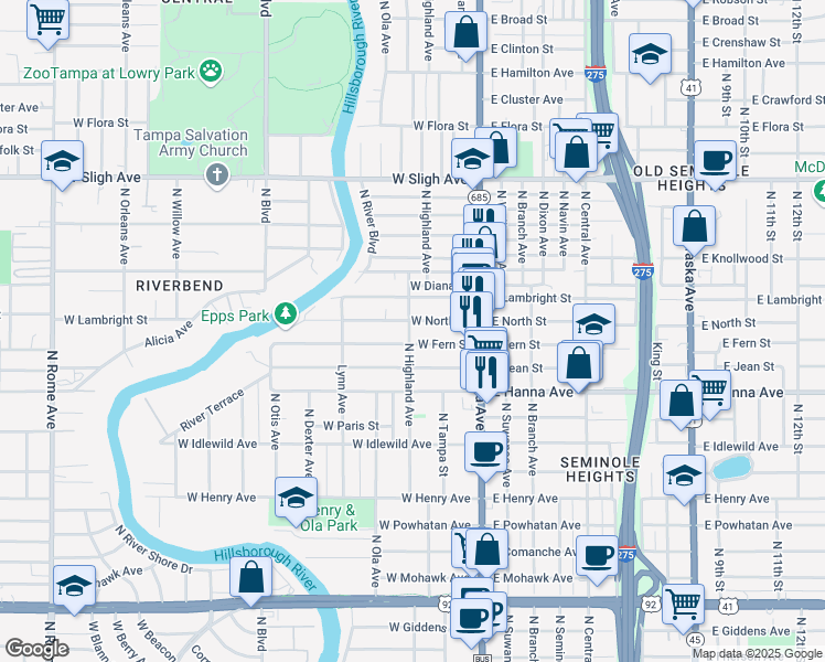map of restaurants, bars, coffee shops, grocery stores, and more near 128 West North Street in Tampa