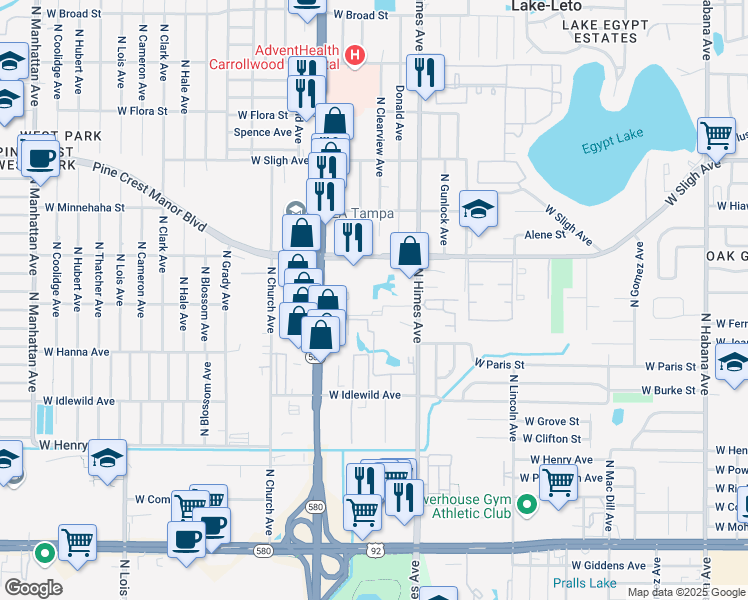 map of restaurants, bars, coffee shops, grocery stores, and more near 3701 Fountain Mist Drive in Tampa