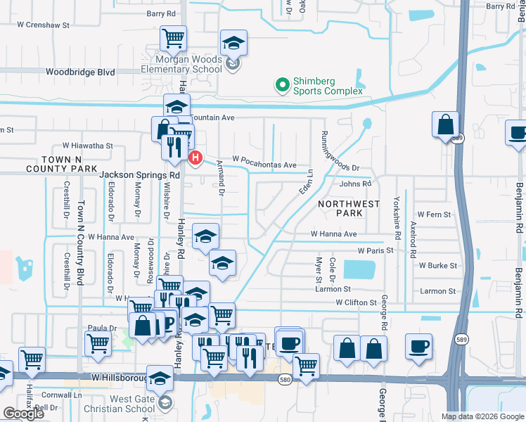 map of restaurants, bars, coffee shops, grocery stores, and more near 6408 Eden Lane in Tampa