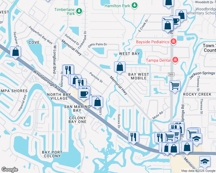 map of restaurants, bars, coffee shops, grocery stores, and more near 5917 Little River Drive in Town 'n' Country